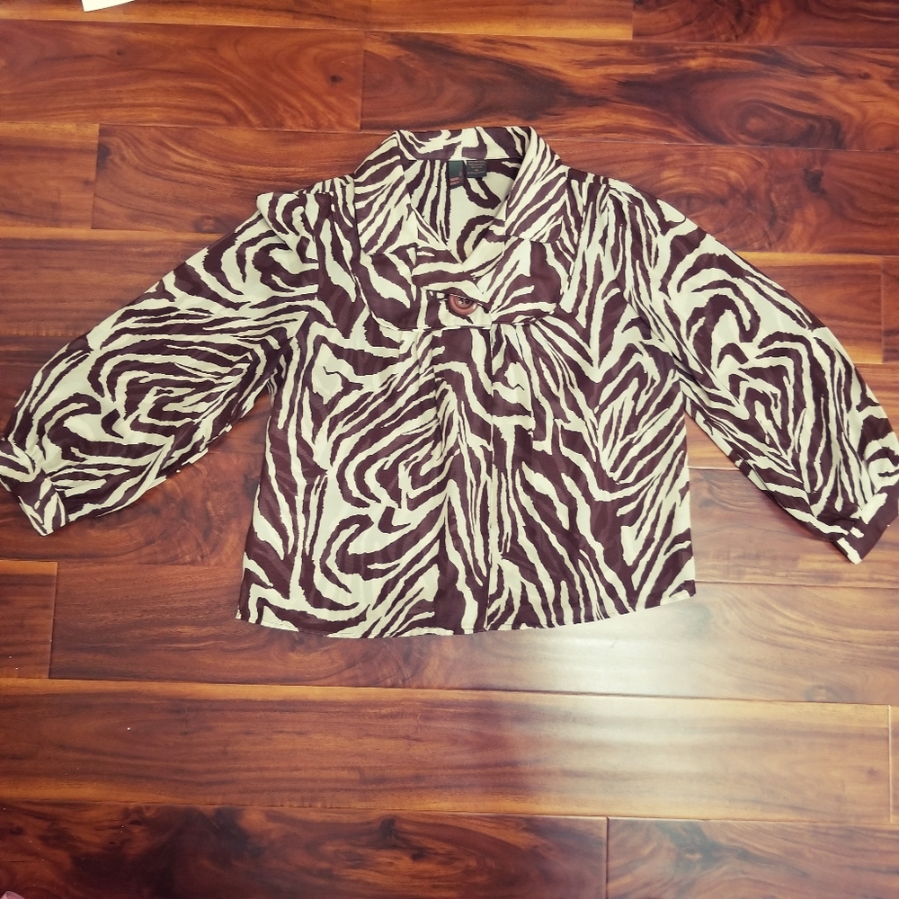 Vintage Sere Nade Brown & Beige Sheer Animal Print Button Blouse Top Size M